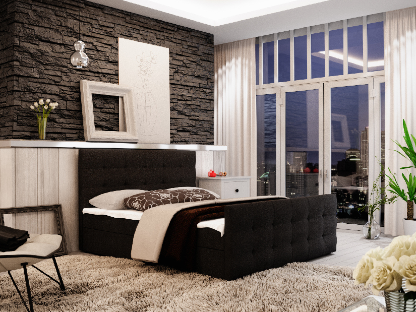 Manželská posteľ Boxspring 200 cm Milagros Comfort 2 (čierna) (s matracom a úložným priestorom)