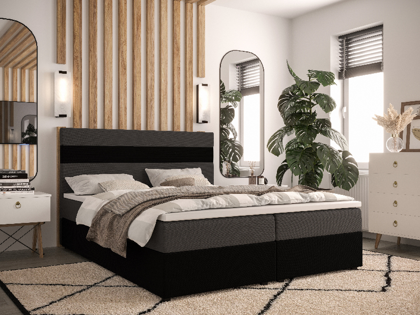 Manželská posteľ Boxspring 180 cm Locos (sivá + čierna) (s matracom a úložným priestorom)