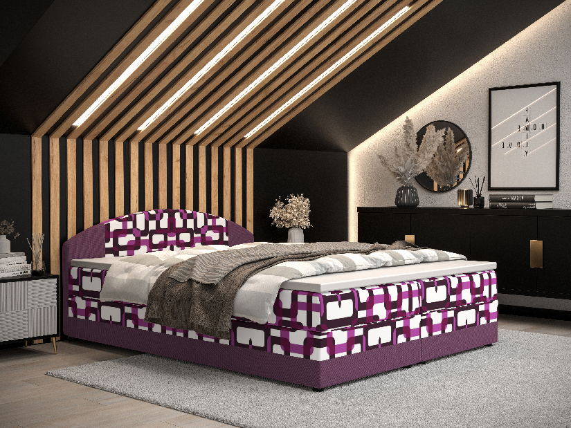 Manželská posteľ Boxspring 180 cm Orlando Comfort (vzor + fialová) (s matracom a úložným priestorom)