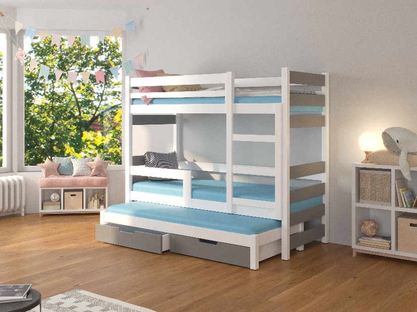 Poschodová detská posteľ 180x75 cm Karin (s roštom a matracom) (biela + sivá)
