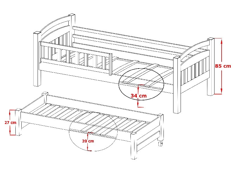 Detská posteľ 90 x 190 cm GLYNDA (s roštom a úl. priestorom) (borovica)