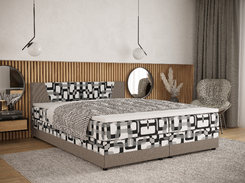 Manželská posteľ Boxspring 180 cm Linda (vzor + sivohnedá) (s matracom a úložným priestorom)