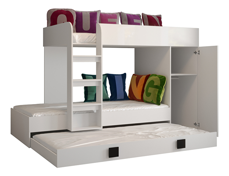 Detská kombinovaná posteľ 90 cm Toreno 2 (biela + biely lesk + tyrkysové lesklé madlá)