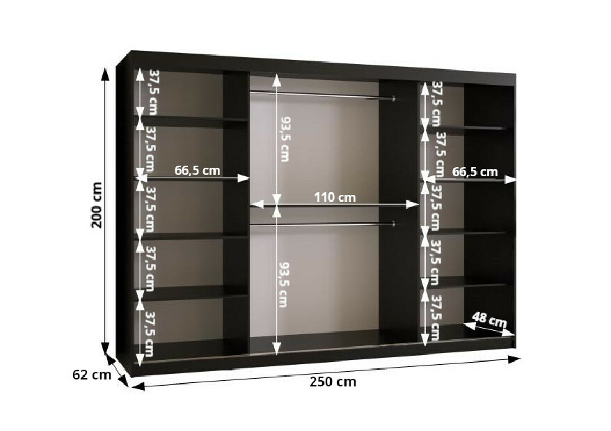 Šatníková skriňa so zrkadlom 250 cm Riana Wa 2 250 (biela + čierna)
