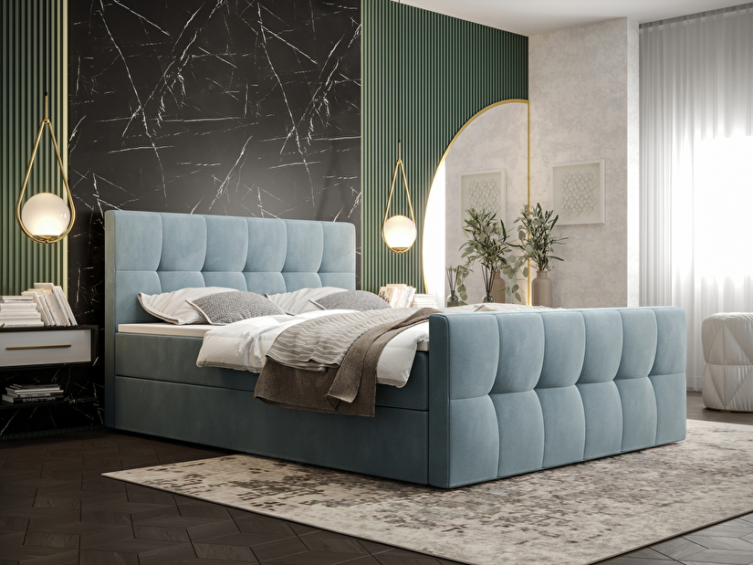 Manželská posteľ Boxspring 160 cm Macheta Comfort (sivomodrá) (s matracom a úložným priestorom)