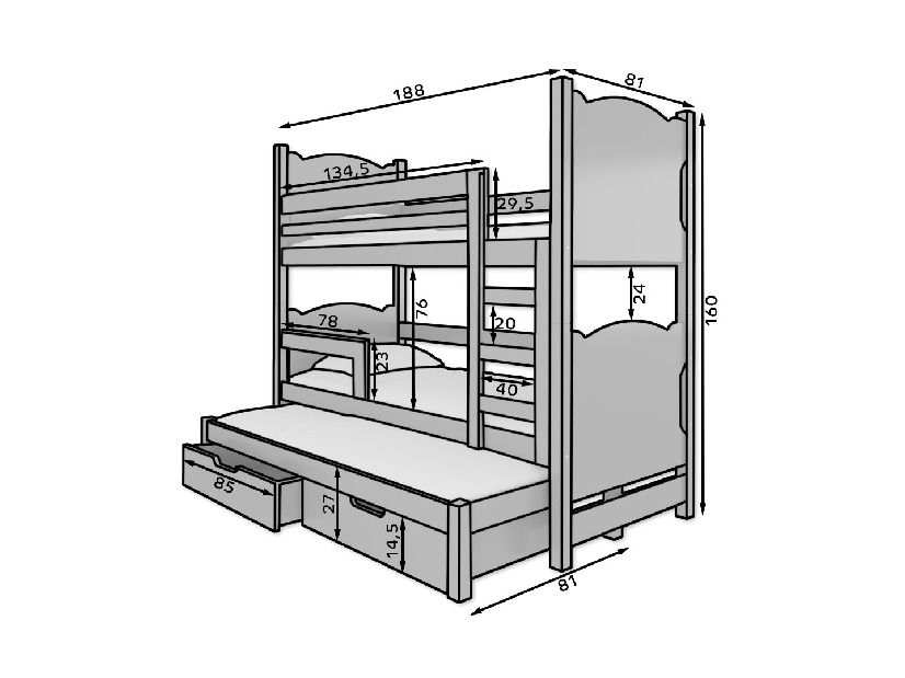 Poschodová detská posteľ 180x75 cm Lukrécia (s roštom a matracom) (sivá)