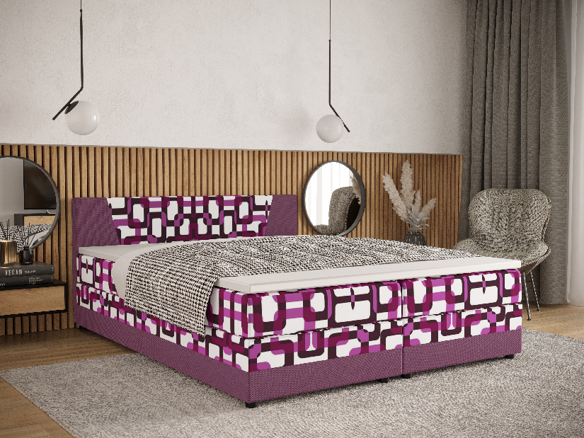 Manželská posteľ Boxspring 160 cm Linda (vzor + fialová) (s matracom a úložným priestorom)