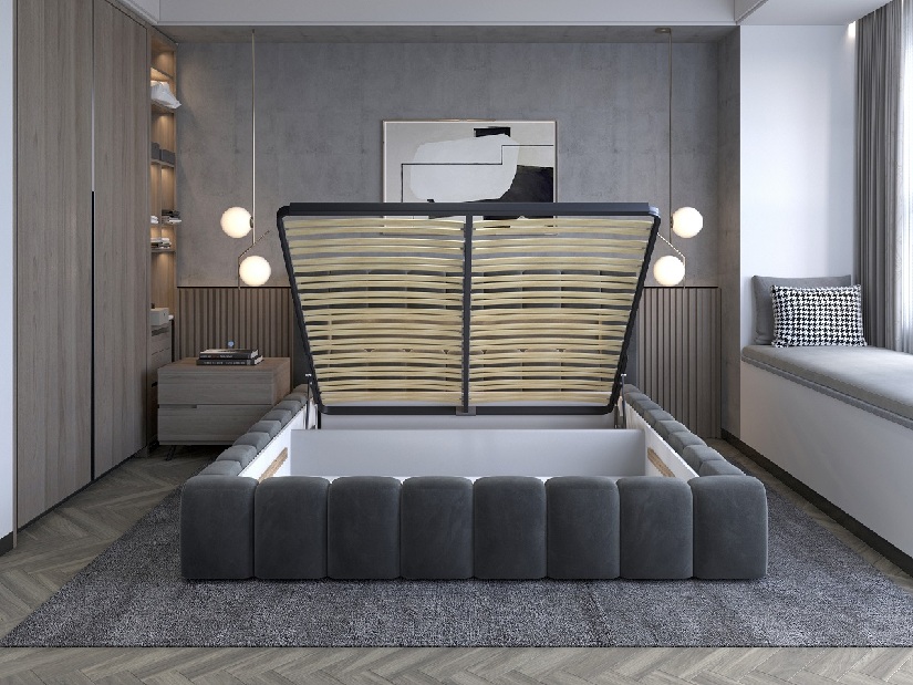 Manželská posteľ 180 cm Luxa (tmavomodrá) (s roštom, úl. priestorom a LED)