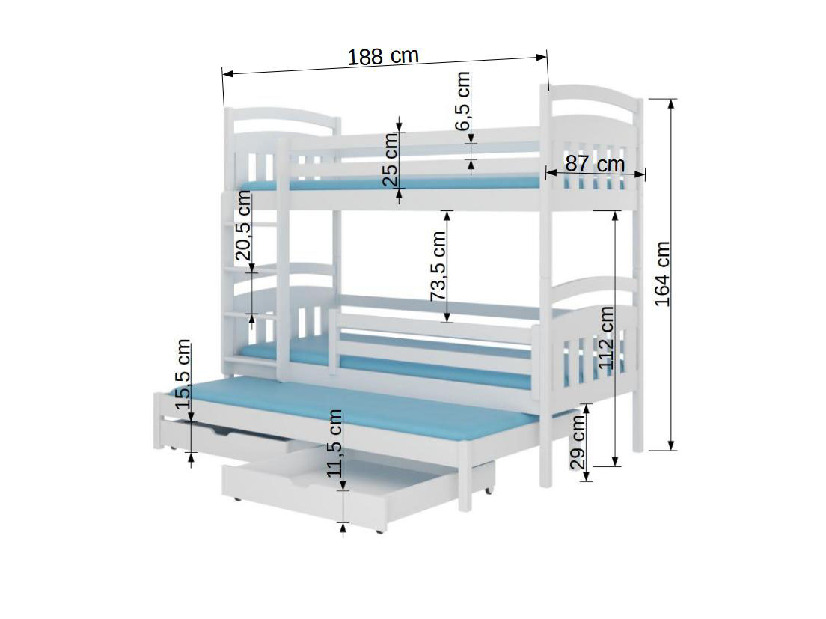 Poschodová detská posteľ 180x80 cm Aladar (s roštom a matracom) (biela)