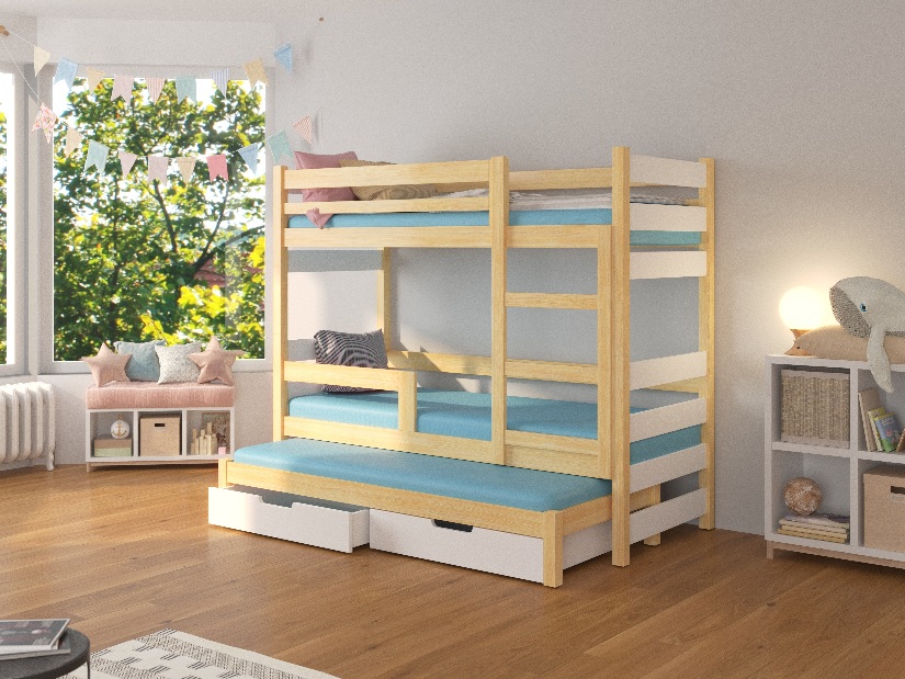 Poschodová detská posteľ 180x75 cm Karin (s roštom a matracom) (borovica + biela)