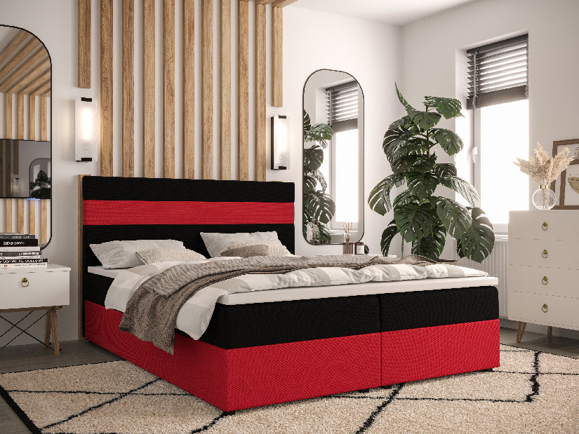 Manželská posteľ Boxspring 140 cm Locos (tmavohnedá + červená) (s matracom a úložným priestorom)