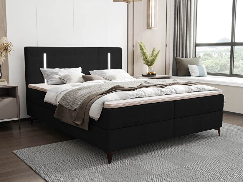Manželská posteľ 140 cm Ortega Comfort (čierna) (s roštom a matracom, s úl. priestorom) (s LED osvetlením)