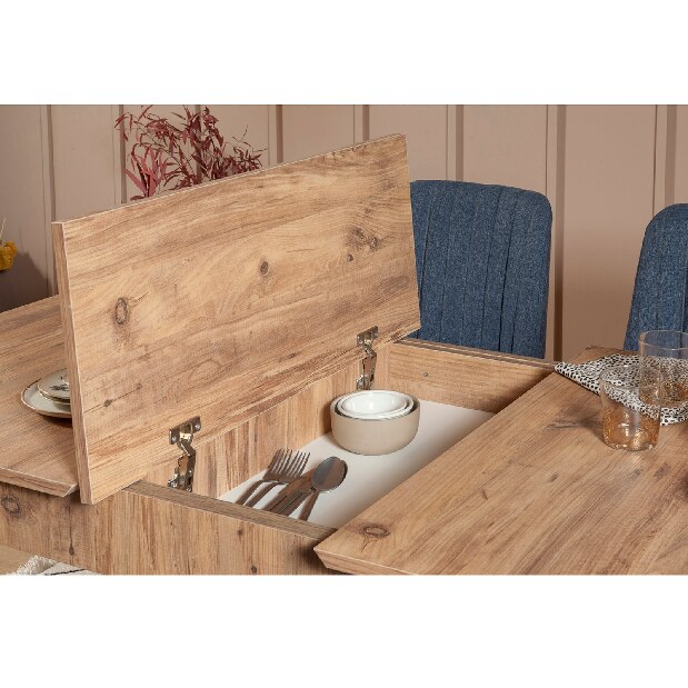Rozkladací jedálenský stôl s 2 stoličkami a 2 lavicami Vlasta (borovica antlantic + tmavomodrá)