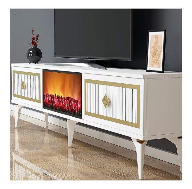 TV stolík/skrinka s krbom Kebive (biela + zlatá) 