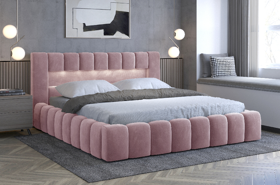 Manželská posteľ 140 cm Luxa (ružová) (s roštom, úl. priestorom a LED)