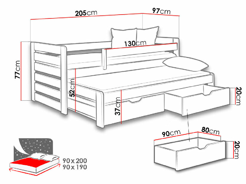Detská posteľ 90 cm Mirjan Caty (sivá + grafit) (s úl. priestorom)
