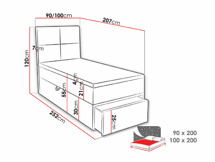 Jednolôžková posteľ 100 Mirjan Hills 1 (sivá ) (s roštom, matracom a úl. priestorom)