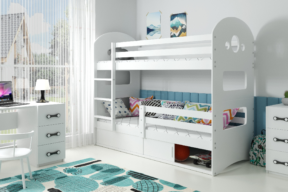 Poschodová posteľ 80 x 190 cm Domur (biela + biela) (s roštami, matracmi a úl. priestorom)