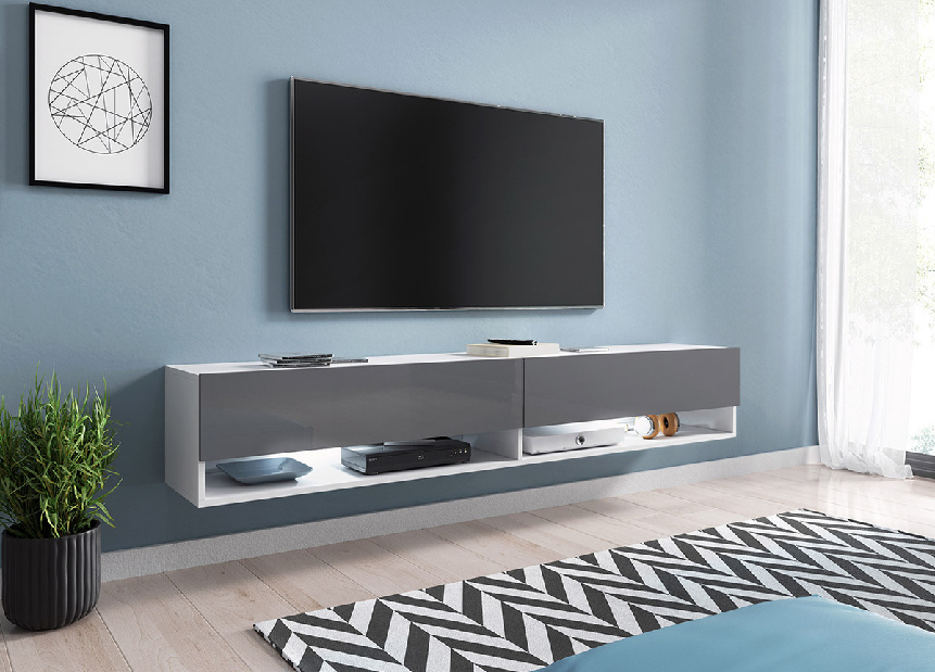 TV stolík/skrinka Mirjan Aldesia 180 (biela + šedý lesk) (osvetlenie led rgb Mirjan farebné)
