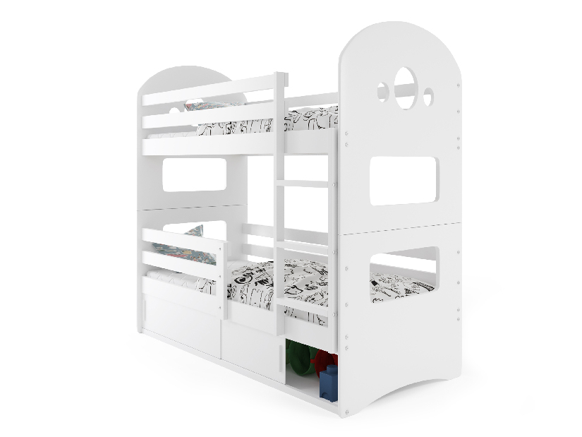 Poschodová posteľ 80 x 190 cm Domur (biela + biela) (s roštami, matracmi a úl. priestorom)