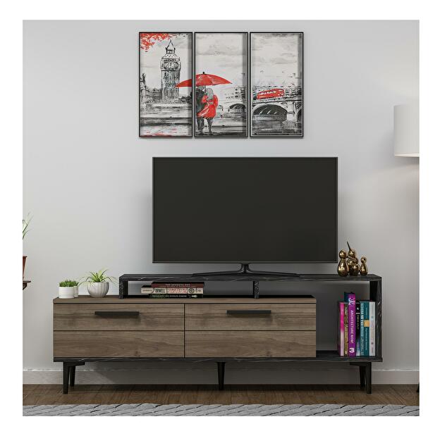TV stolík/skrinka Kiniva (orech + čierna + mramor) 
