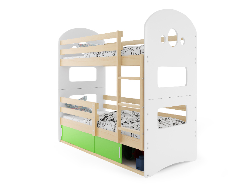 Poschodová posteľ 80 x 160 cm Domur (borovica + zelená) (s roštami, matracmi a úl. priestorom)