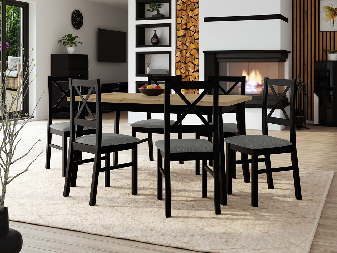 Stôl so 6 stoličkami AL43 Amici (Dub artisan + Čierna + sivá)