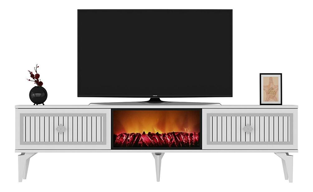 TV stolík/skrinka s krbom Kebive (biela + strieborná) 