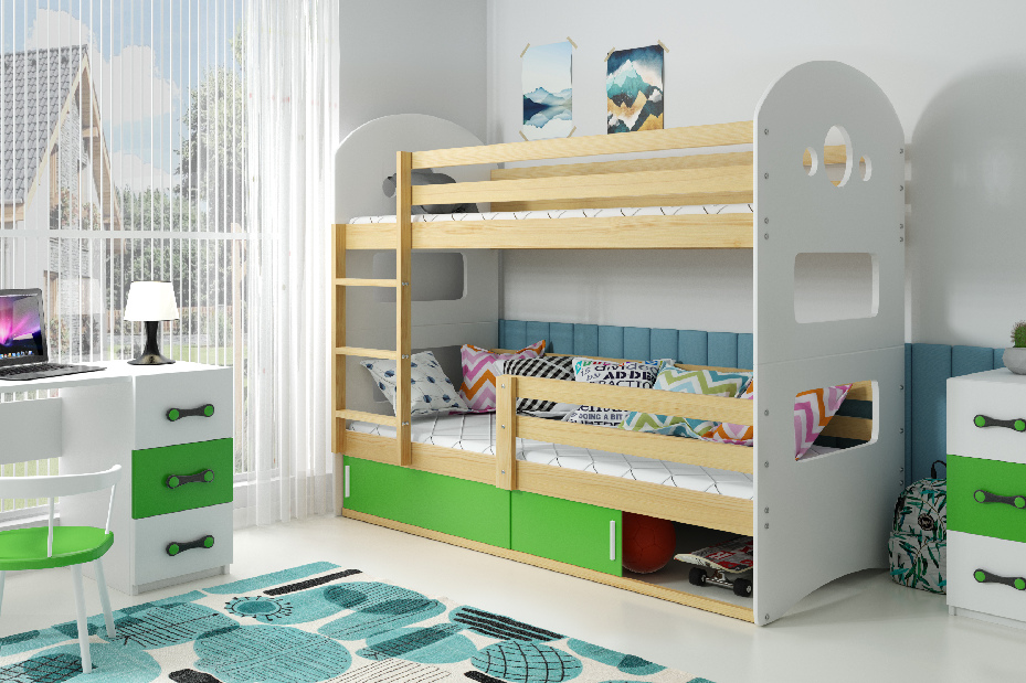 Poschodová posteľ 80 x 160 cm Domur (borovica + zelená) (s roštami, matracmi a úl. priestorom)