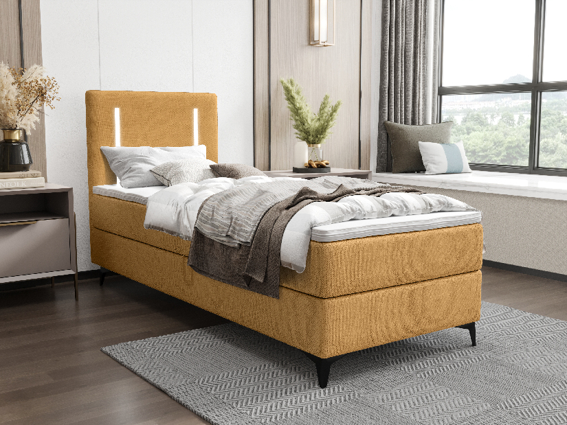 Jednolôžková posteľ 90 cm Ortega Comfort (horčicová) (s roštom a matracom, bez úl. priestoru) (s LED osvetlením)