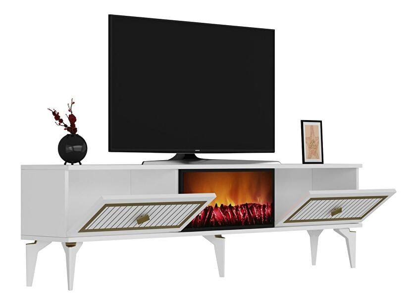 TV stolík/skrinka s krbom Kebive (biela + zlatá) 