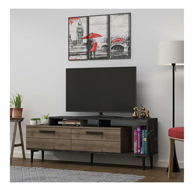 TV stolík/skrinka Kiniva (orech + čierna + mramor) 