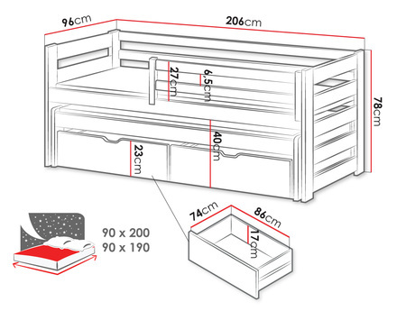 Detská posteľ 90 cm Palkana (borovica) (s roštom) (s úl. priestorom)