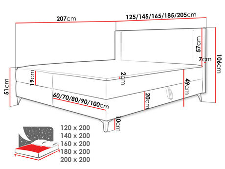 Manželská posteľ 200 cm Hebara 2 (tmavosivá) (s roštom a matracom) (s úl. priestorom) (s LED osvetlením)