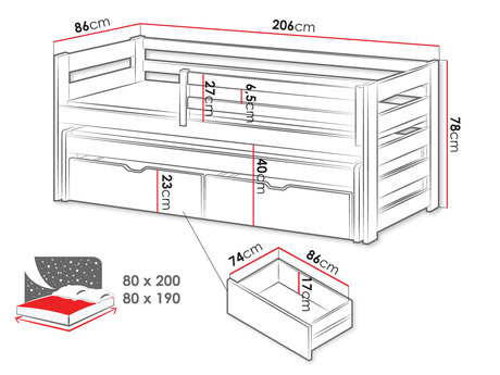 Detská posteľ 80 cm Palkana (borovica) (s roštom) (s úl. priestorom)